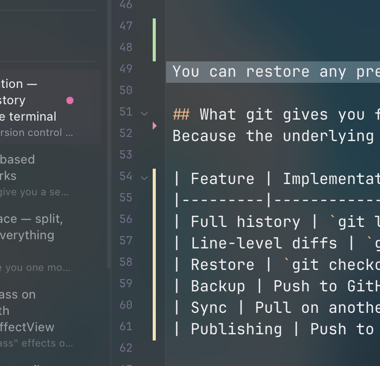 Editor with git gutter markers showing added and modified lines