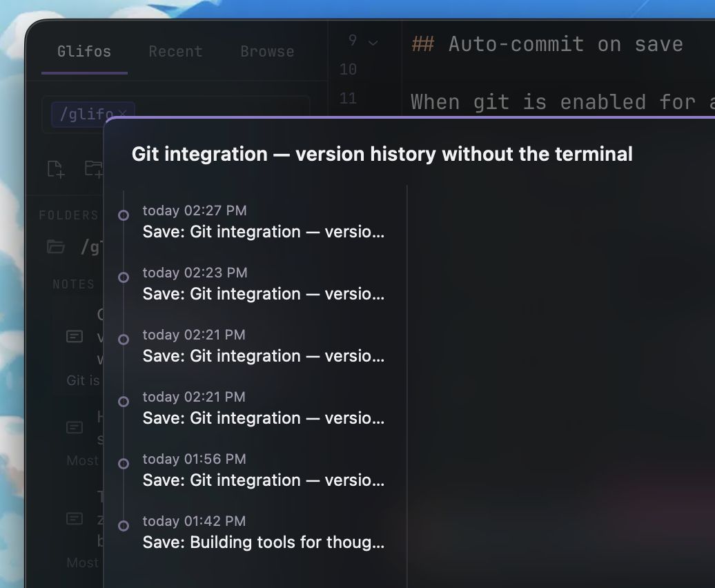 Version history panel showing commit timeline